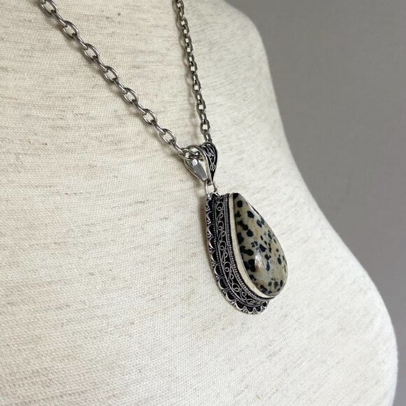 Artisan Silver Plated Bezel Set 2.46" Teardrop Dalmatian Jasper Pendant Necklace - Picture 5 of 16